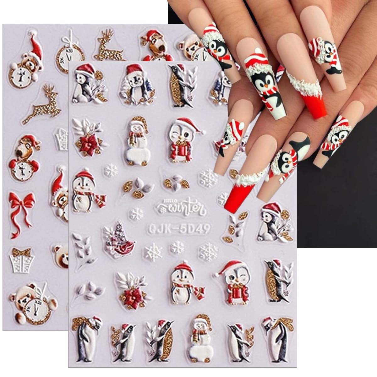 Christmas Nail Art Stickers Decals 5D Embossed Self-Adhesive Nail Art Decals Cute Santa Gnomes Nail Stickers Snowman Xmas Tree Bell Nail Decals for Women New Year Holiday Manicure Decoration 6 Sheets