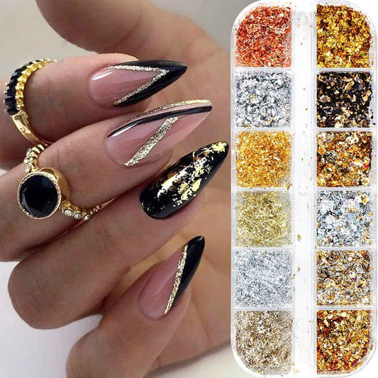 Holographic Nail Glitter Gold Foils for Women Kit -Sparkly Ultra-Thin Aluminum Foil Flake Nail Supplies Irregular Foil Glitter Flakes Design Powder Nail Glitters Sequins DIY Manicure Tip Charms Decor