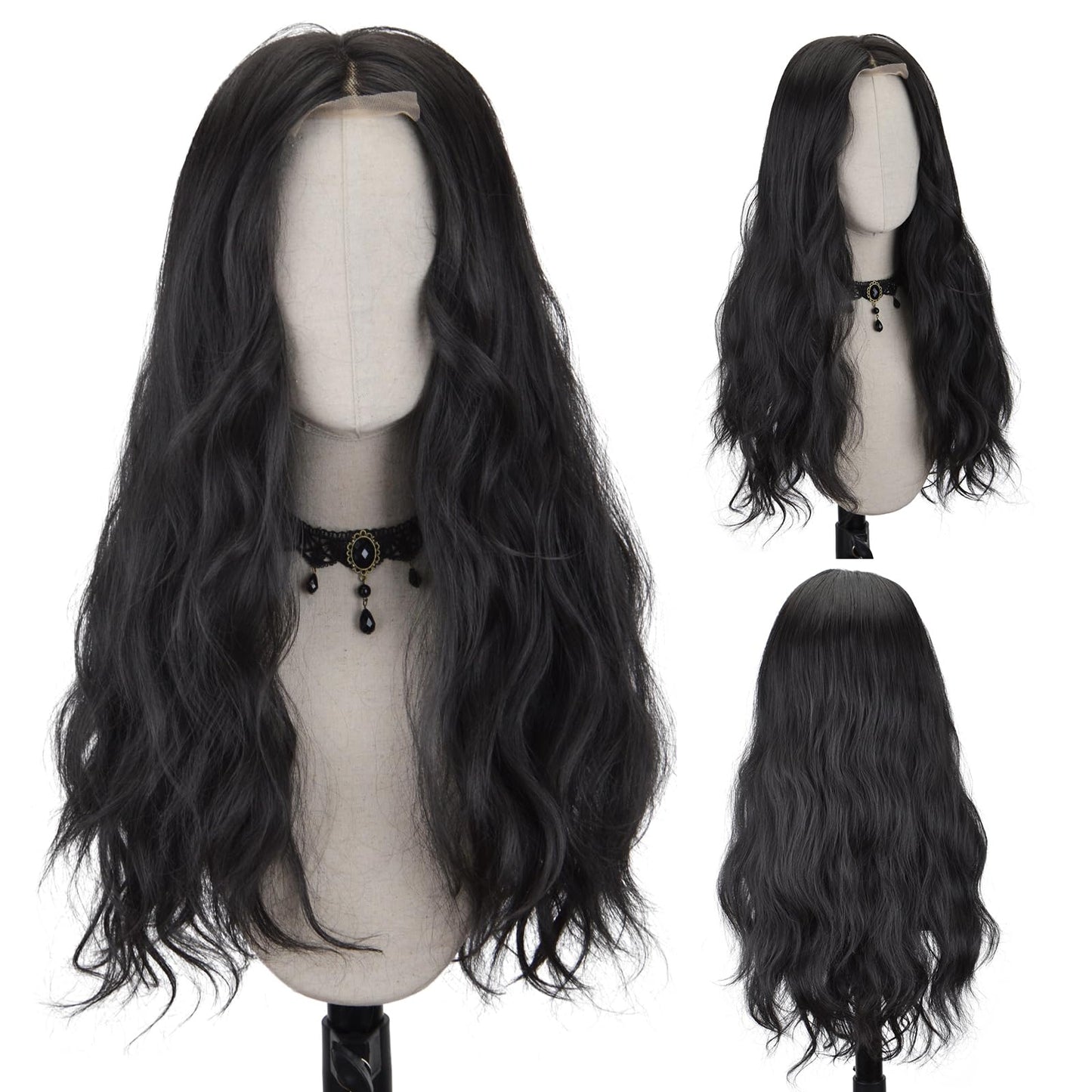 FREE BEAUTY Long Black Wavy Wig for Women Middle Part Wig with Small Piece Lace Curly Wavy Wig Natural Looking Synthetic Heat Resistant Fiber Wig for Daily Party Use 26 Inch