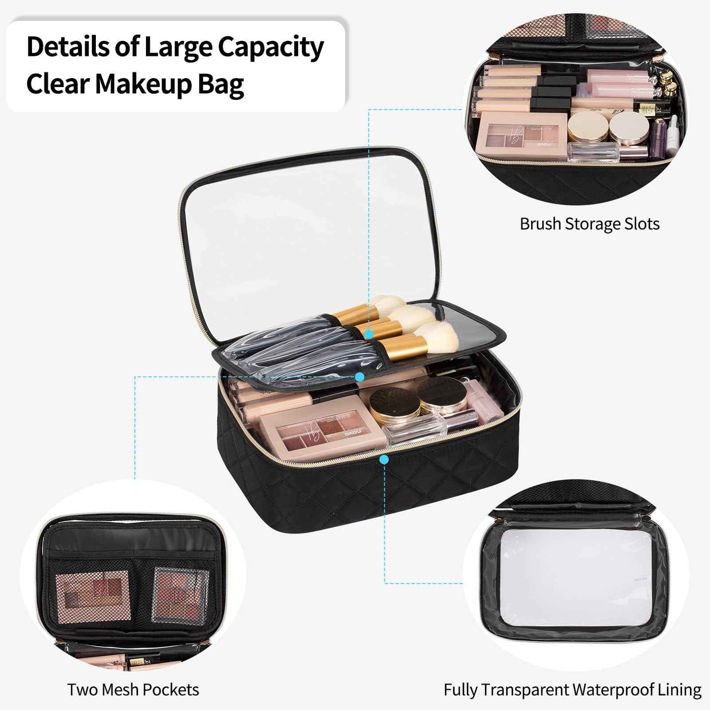 OCHEAL Clear Makeup Bag, Portable Cosmetic Organize,Travel Makeup Bag Cute Clear Pouch For Women and Girls Cosmetics Bags with Divider Makeup Brush Compartment-Black Nylon