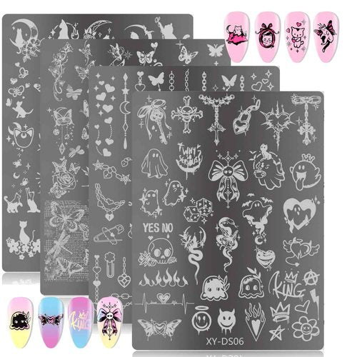 4Pcs Gothic Cute Nail Stamping Plate Set - Dark Kawaii Nail Art Templates, Stainless Steel Spooky Sweet Nail Stamp Plates with Skull & Lace Patterns for DIY Manicure Printing Tools
