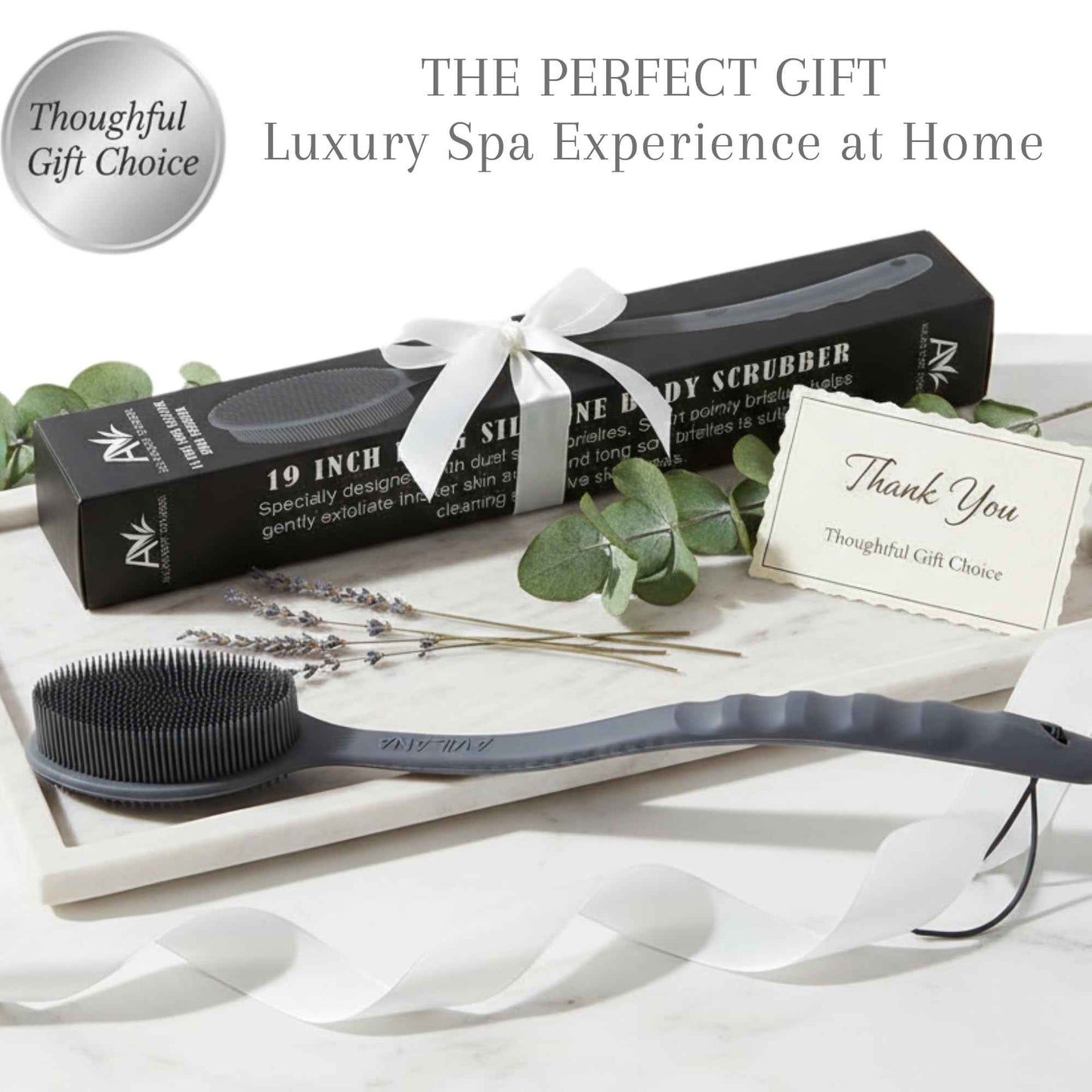 Silver Infused Long Handle Back Scrubber - 19 inch Premium Extended Reach Body Brush - Avilana Advanced Material Bath Tool Easy Grip - Luxury Body Wash Brush Gift