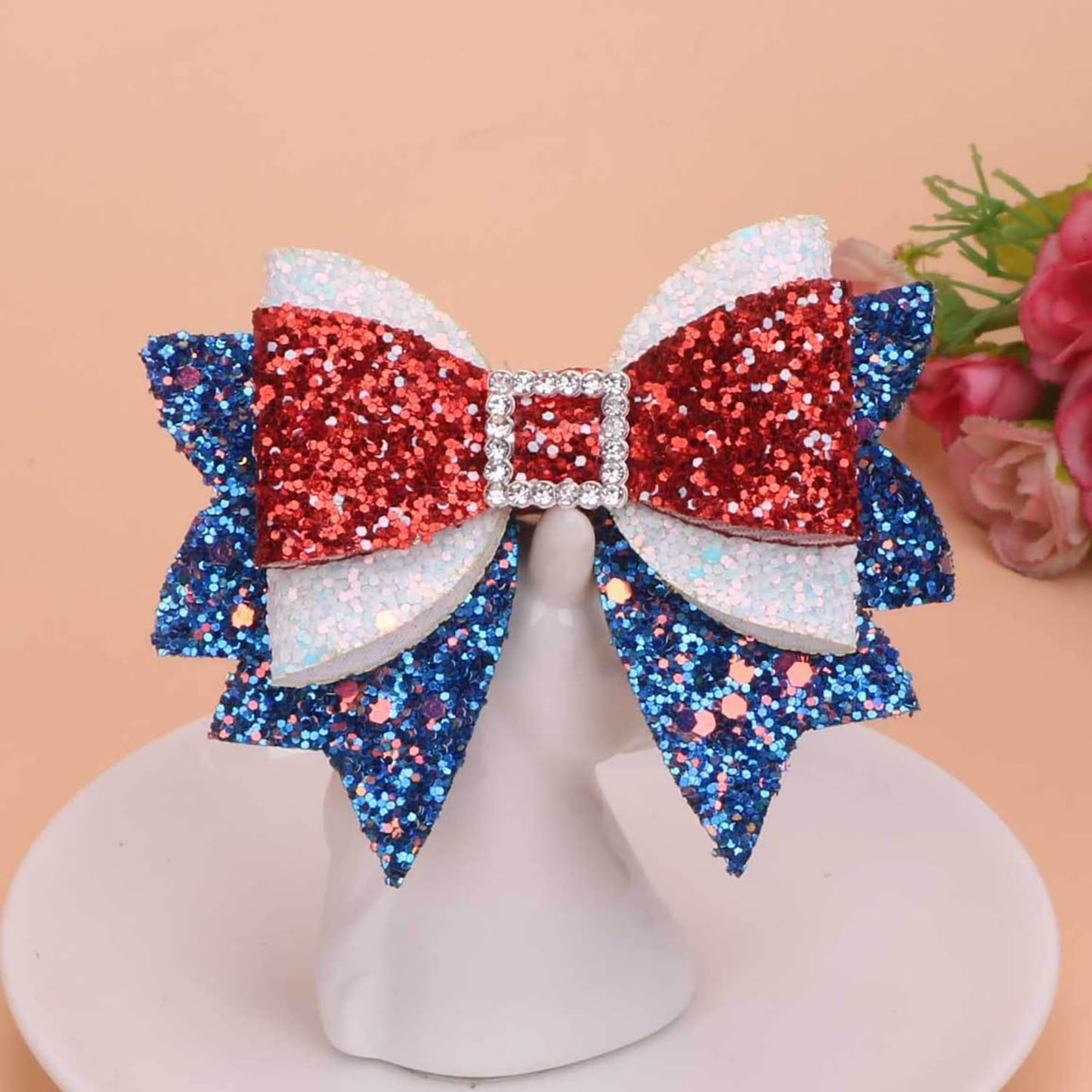 4th of July Hair Clips Glitter Bows Hair Claw Clips Red Blue White Bow Alligator Clips Independence Day Hair Clip with Sequins Rhinestone Design Patriotic Party Hair Accessories for Women and Girls