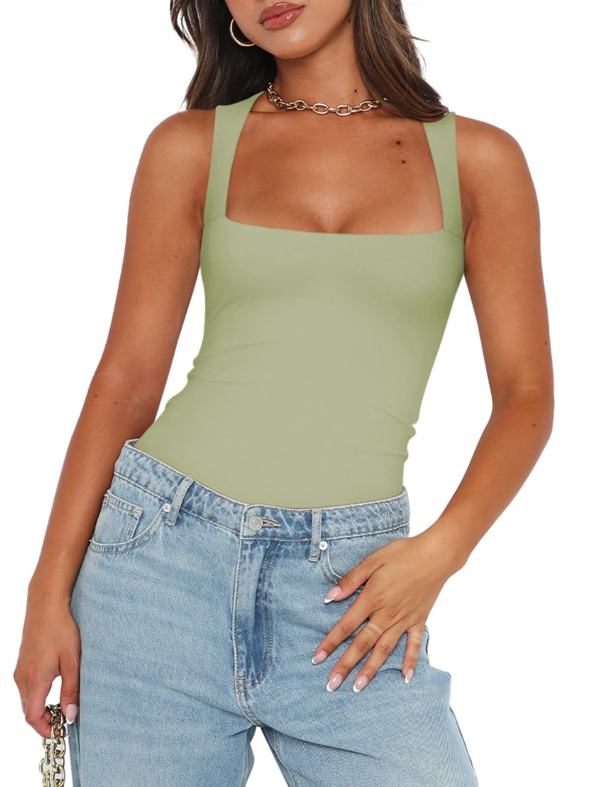 REORIA Womens Summer Sexy Sleeveless Square Neck Double Lined Going Out Cute Thong Bodysuit Tank Tops Tender Green X-Small