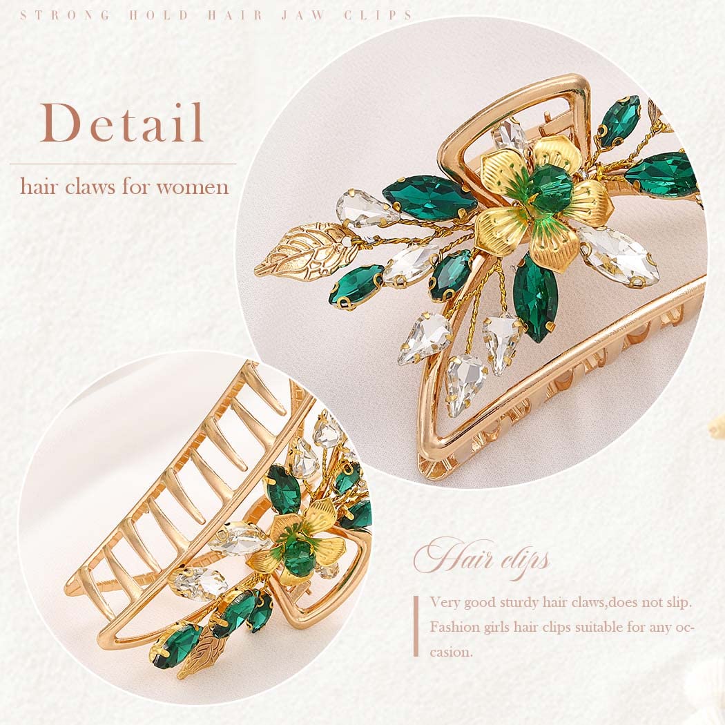 Fashey Hair Claw Clip Flower Hair Claws Strong Hold Hair Clip Green Crystal Hair Clamps Nonslip Metal Hair Jaw Clip Hair Accessories for Women and Girls(1 Pcs) (A)