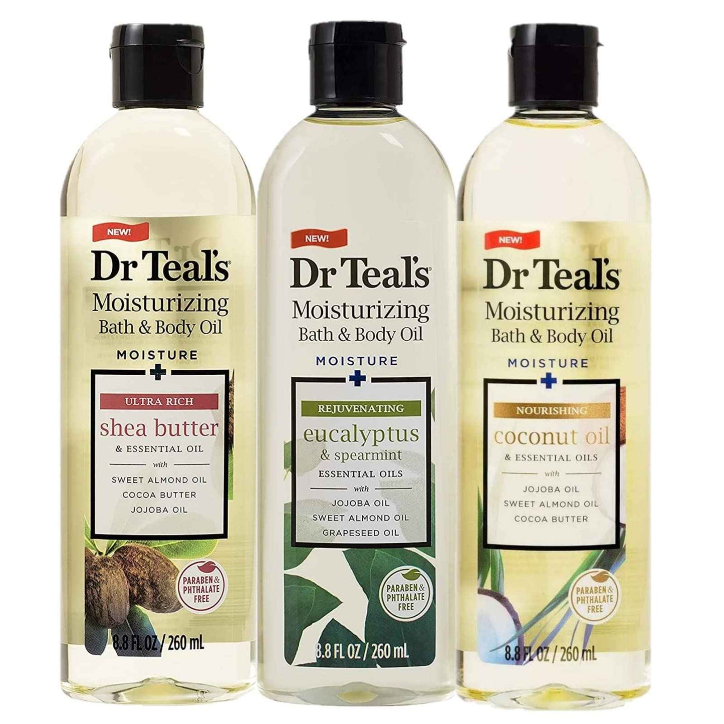 Dr. Teals Bath & Body Oil Variety Gift Set (3 Pack, 8.8oz Ea.) - Rejuvenating Eucalyptus, Ultra Rich Shea Butter, & Nourishing Coconut Oil - Essential Oils Hydrate Skin & Alleviate Stress