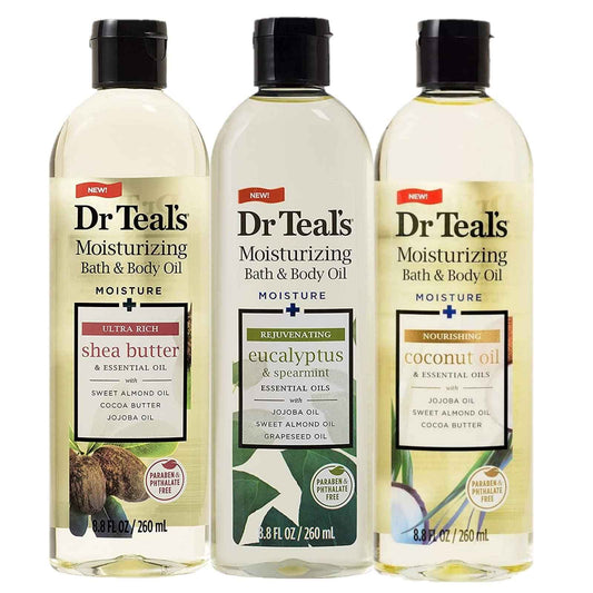 Dr. Teals Bath & Body Oil Variety Gift Set (3 Pack, 8.8oz Ea.) - Rejuvenating Eucalyptus, Ultra Rich Shea Butter, & Nourishing Coconut Oil - Essential Oils Hydrate Skin & Alleviate Stress