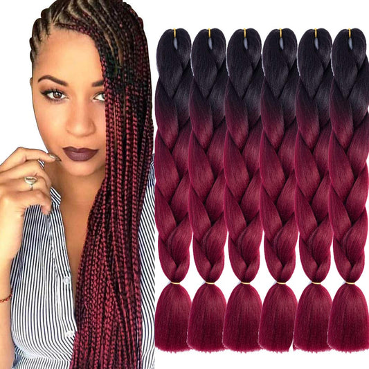 SHUOHAN 6 Packs Ombre Jumbo Braiding Hair Extensions 24 Inch High Temperature Synthetic Fiber Hair Extensions for Box Braids Braiding Hair (Black to Wine Red)