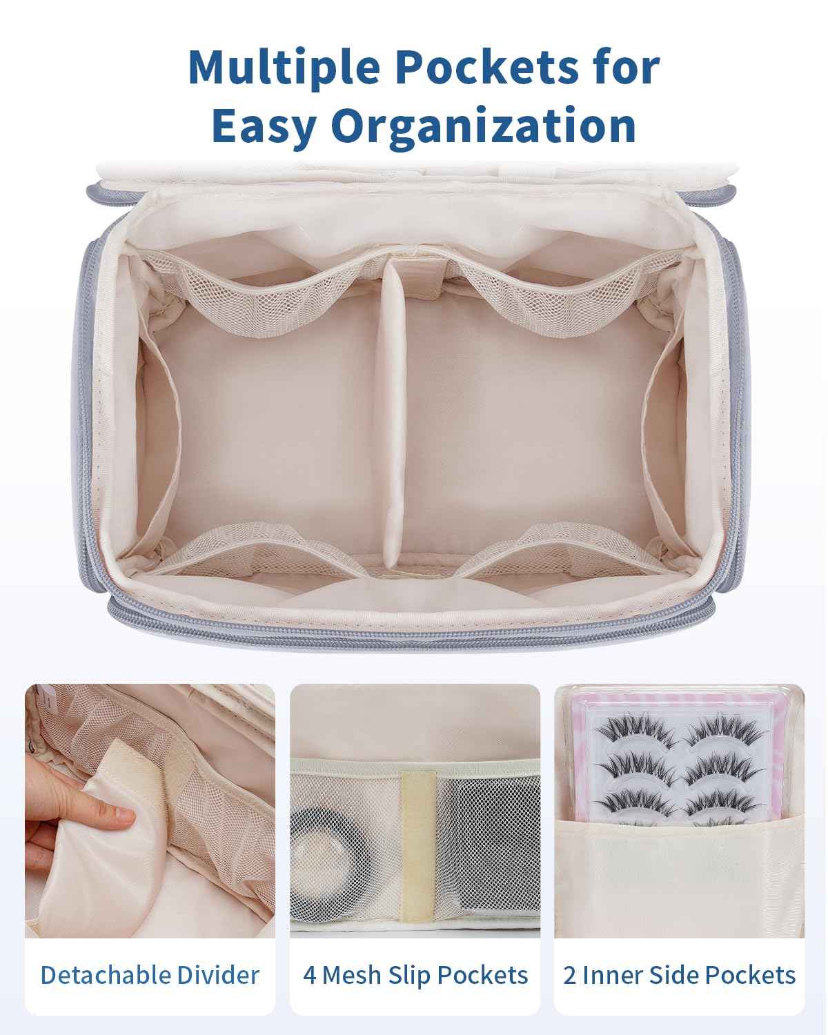 WANDF Travel Toiletry Bag for Women, Wide-open Large Makeup Bag with Handle, Puffy Makeup Organizer for Toiletries, Cosmetics, Accessories, Essentials (Slate Blue)