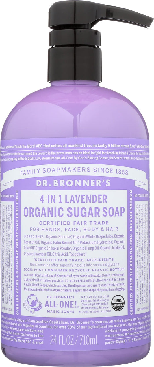 Dr Bronner Organic 4-in-1 Sugar Lavender Pump Liquid Soap, Vegan, Non GMO, 24 Fluid Ounce (Pack Of 1)