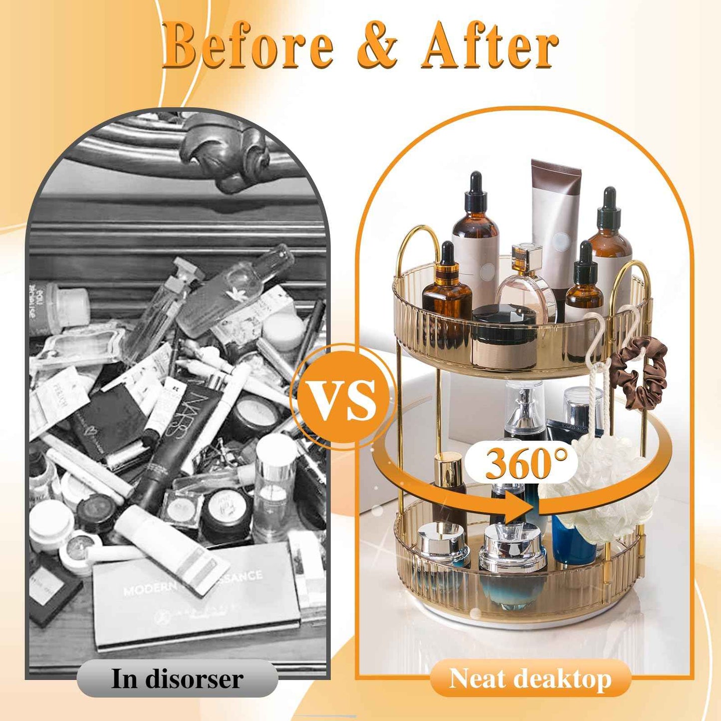 Megapuxin Rotating Makeup Organizer for Vanity,Large Perfume Organizers Skincare Make Up Storage Perfume Organizers Countertop Organizer with Extra Hooks and Stickers for Bathroom