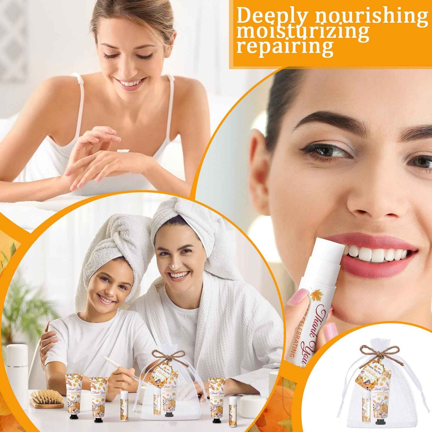 Swiffen 48 Sets 192 Pcs Thanksgiving Pumpkin Hand Cream and Lip Balm Fall Party Favors Gifts for Guests Pumpkin Bridal Baby Shower Wedding Party Favor with Thank You Card Organza Bags Travel Size