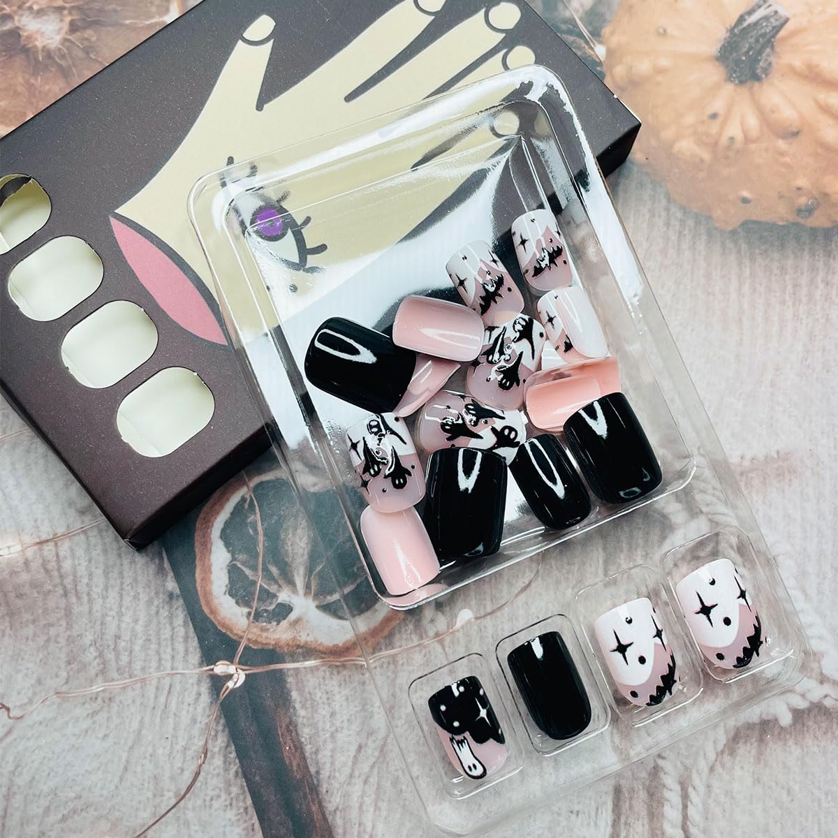 Halloween Press on Nails Short Square Halloween Fake Nails with Ghost Bats Design Black White French Tips False Nails Glossy Glue on Nails Cute Halloween Acrylic Stick on Nails for Women 24Pcs