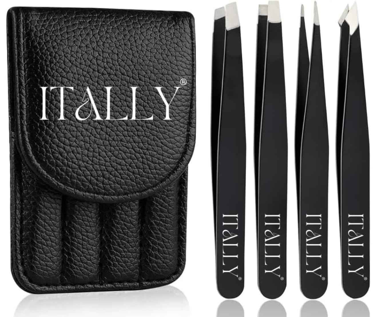 ITALLY Tweezers Set - Professional Eyebrow Tweezers - Stainless Steel Best Precision Tweezers for Women Facial Hair, Splinter, Blackhead & Ingrown Hair Removal, 4Pcs (Black)