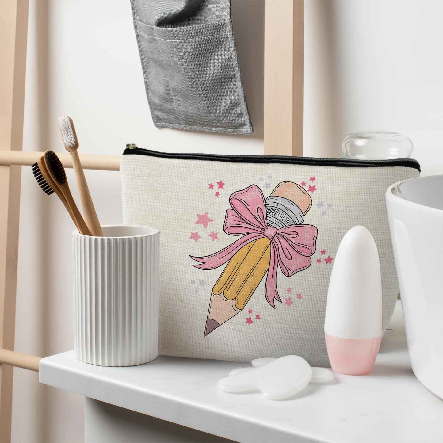 RYYCDOI Coquette Pink Bow Teacher Makeup Bag, Teacher Appreciation Gifts Cosmetic Bags for Women, End of Year Teachers Gifts, Preppy Zipper Makeup Pouch for Teachers