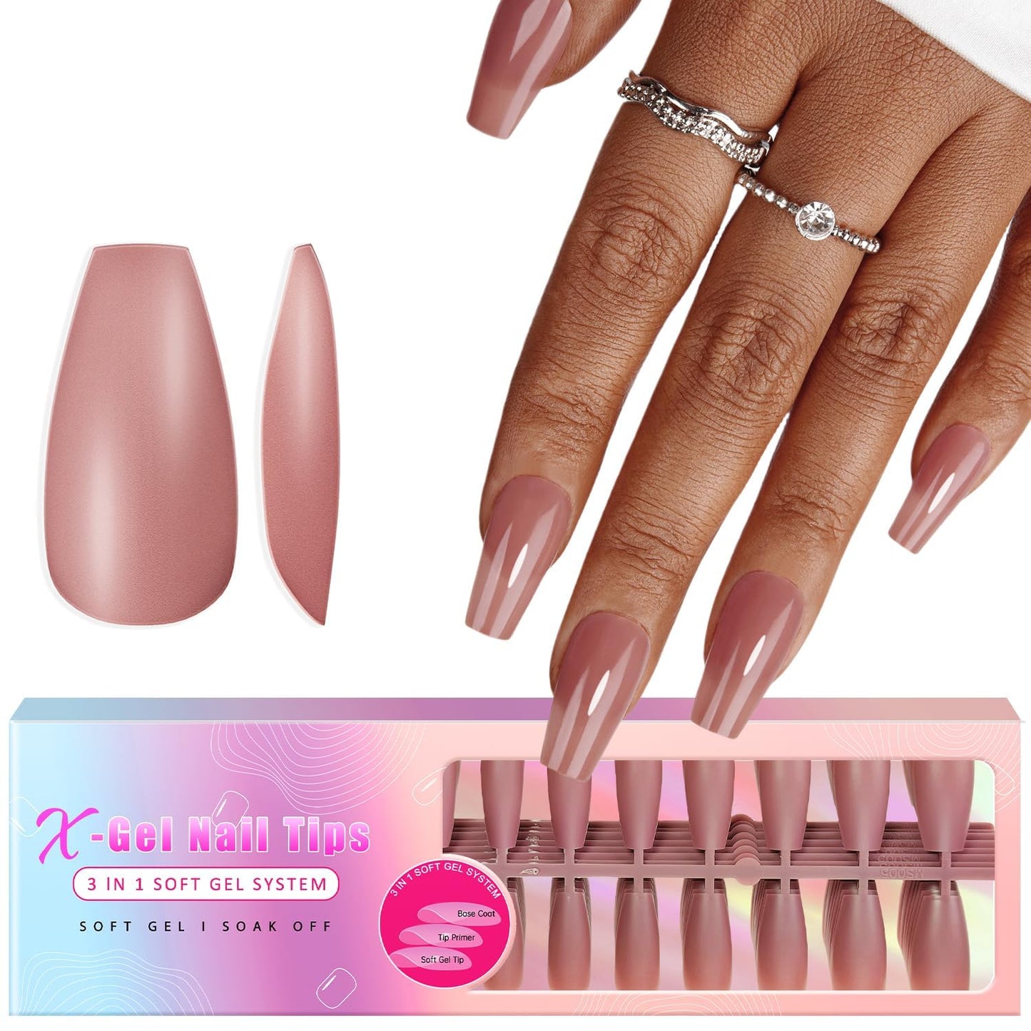 SXVME Mauve Gel X Nail Tips Long Coffin Gel X Nails Pre-colored Gel X Tips Long Press on Nails Pre Applied Tip Primer Soft Gel Nail Tips NaturalAcrylic Fake Nails Extensions for DIY Nail,300Pcs