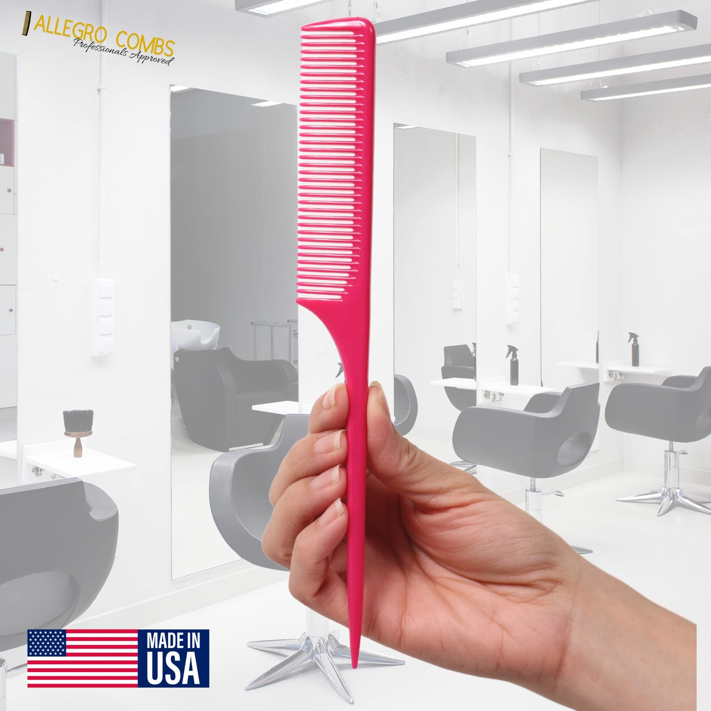 Allegro Combs 61 XL Rat Tail Combs Wide Tooth Comb Detangling Hair Styling Coarse Hair Foiling Thick Back Parting Combs Hairstylist Combs For Women Made In USA 3 Pc. (Pink)