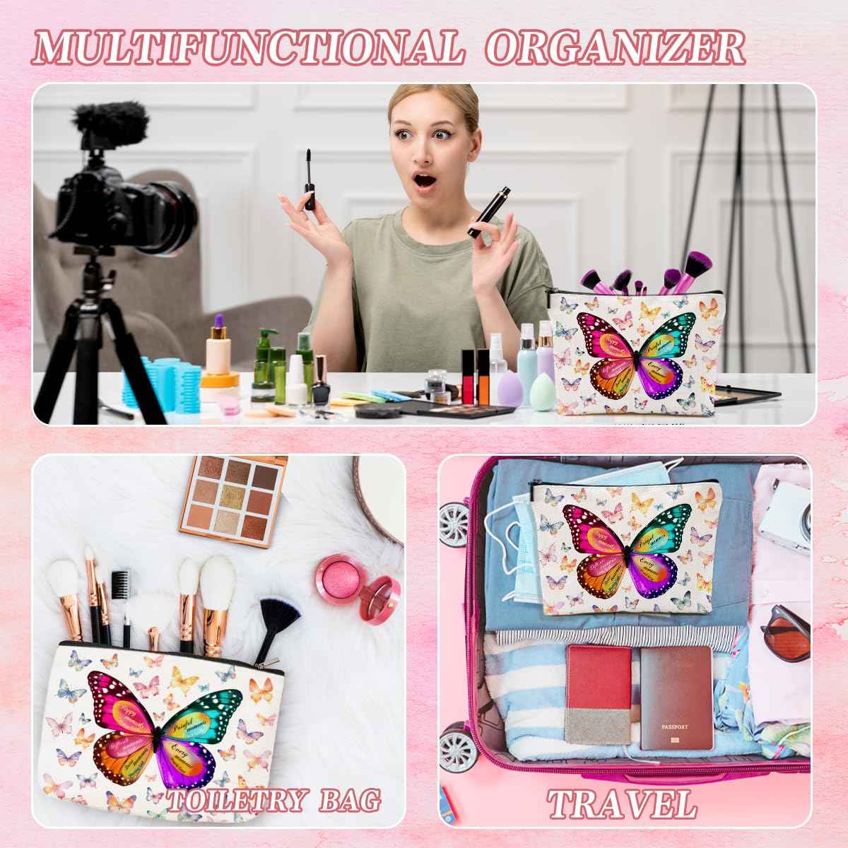 Butterfly Gifts for Women Inspirational Gifts for Friends Christian Bible Gifts Butterfly Lover Makeup Bag Zipper Organizer Cosmetic Bag Travel Accessories for Birthday Gift to Daughter Sister BFF