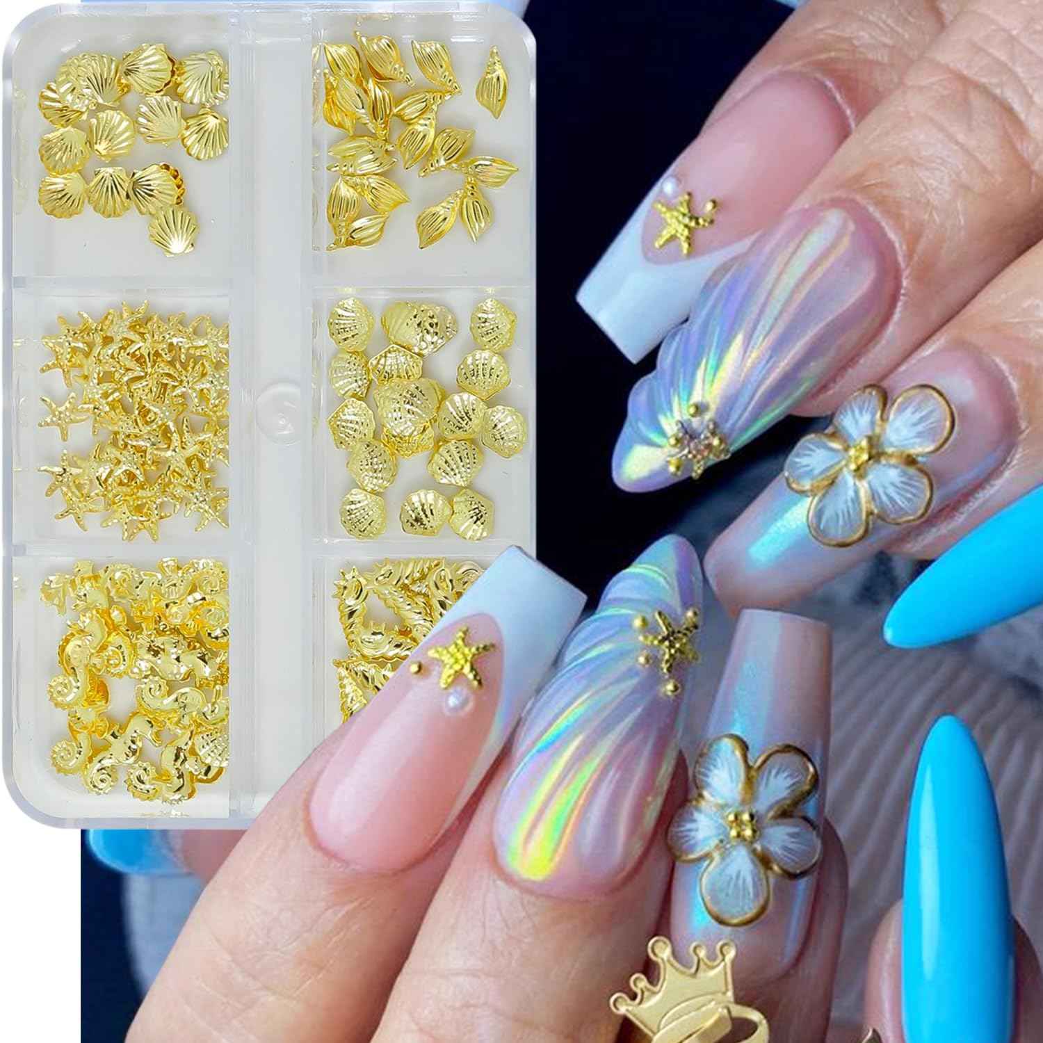 Summer Nail Charms and Gems Cute Shells Conchs Seahorse Starfish Nail Art Charms Gold Flat Back Gold Nail Rhinestones Summer Ocean Beach Nail Decoration Marine Life Rhinestones for Nails DIY Designs
