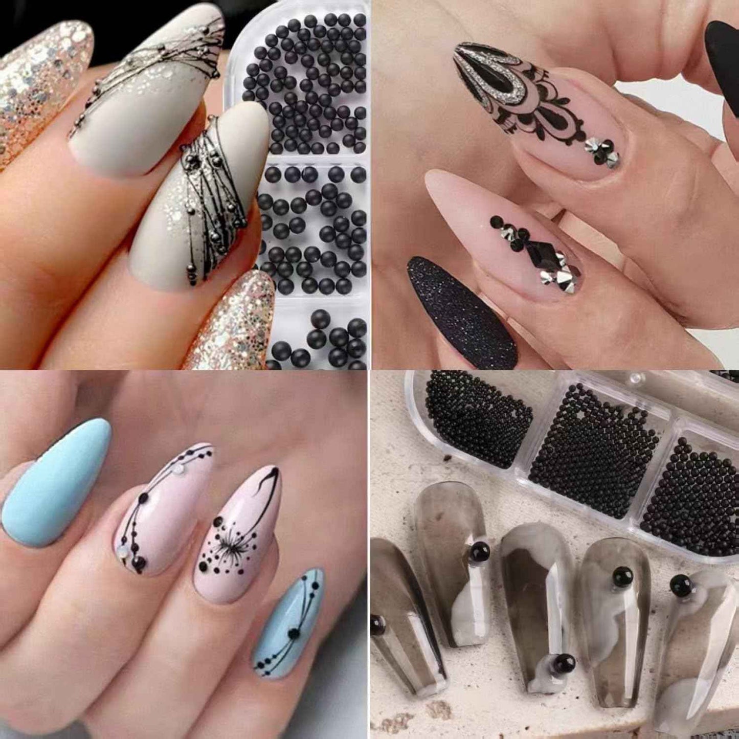 Chunmeng 12 Grids Art Charms Metal Beads 3D Caviar Small Steel Ball Nail Accessories Nail Art Metal Mini 3D Mixed Sizes DIY ons Accessories （Black）