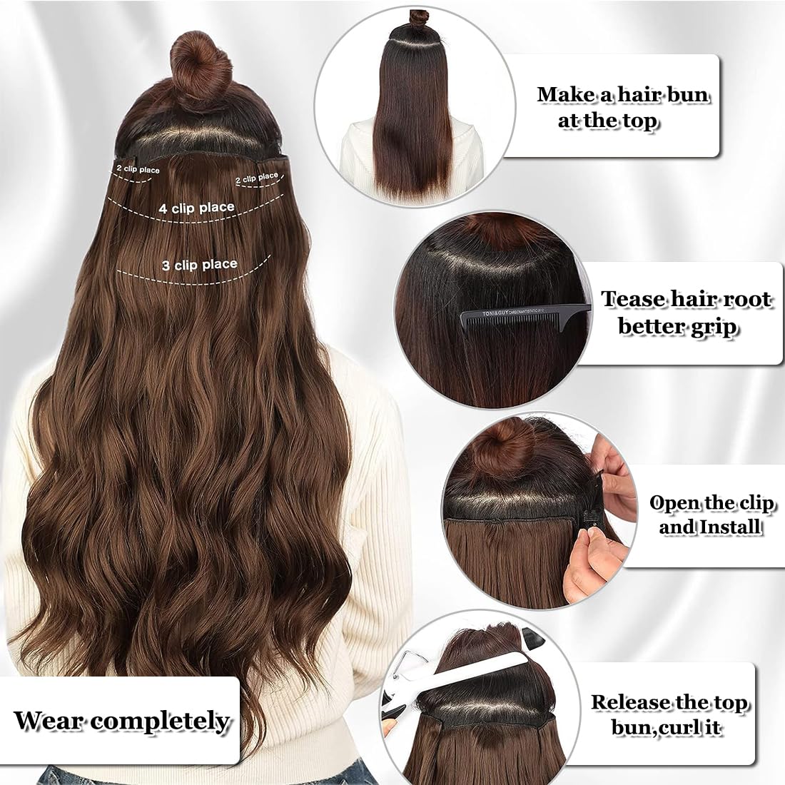 Fronweek Clip in Hair Extensions, 4PCS Natural Black Long Wavy Hair Extensions Full Head 20Inch Thick Hairpieces for Women Fiber Double Weft Hair Exte(20INCH, Chocolate Brown to Caramel Blonde 2H27B#)