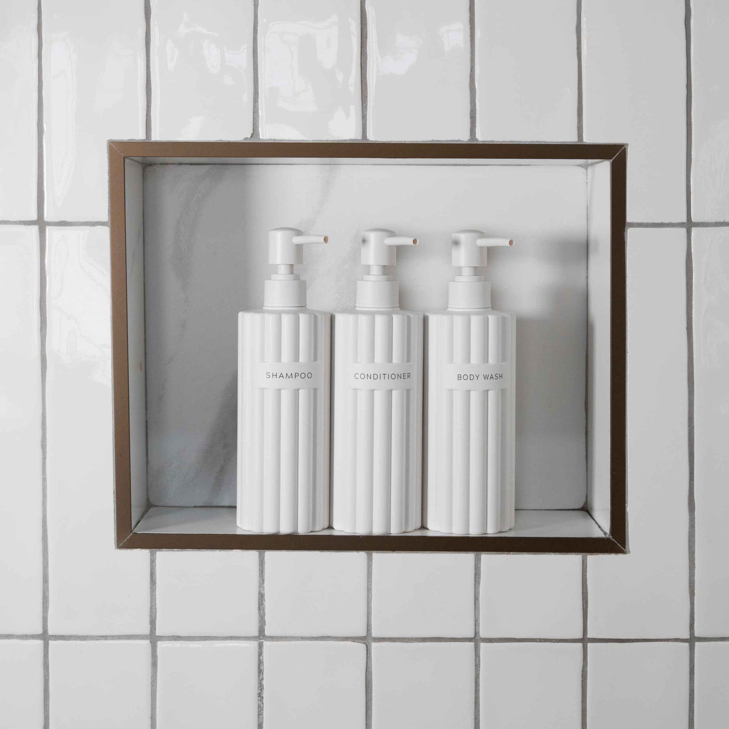 Stylish Shampoo and Conditioner Dispenser Set of 3 - Modern 19oz Shower Soap Bottles with Pump and Labels - Easy to Refill Body Wash Dispensers for an Instant Bathroom Decor Upgrade