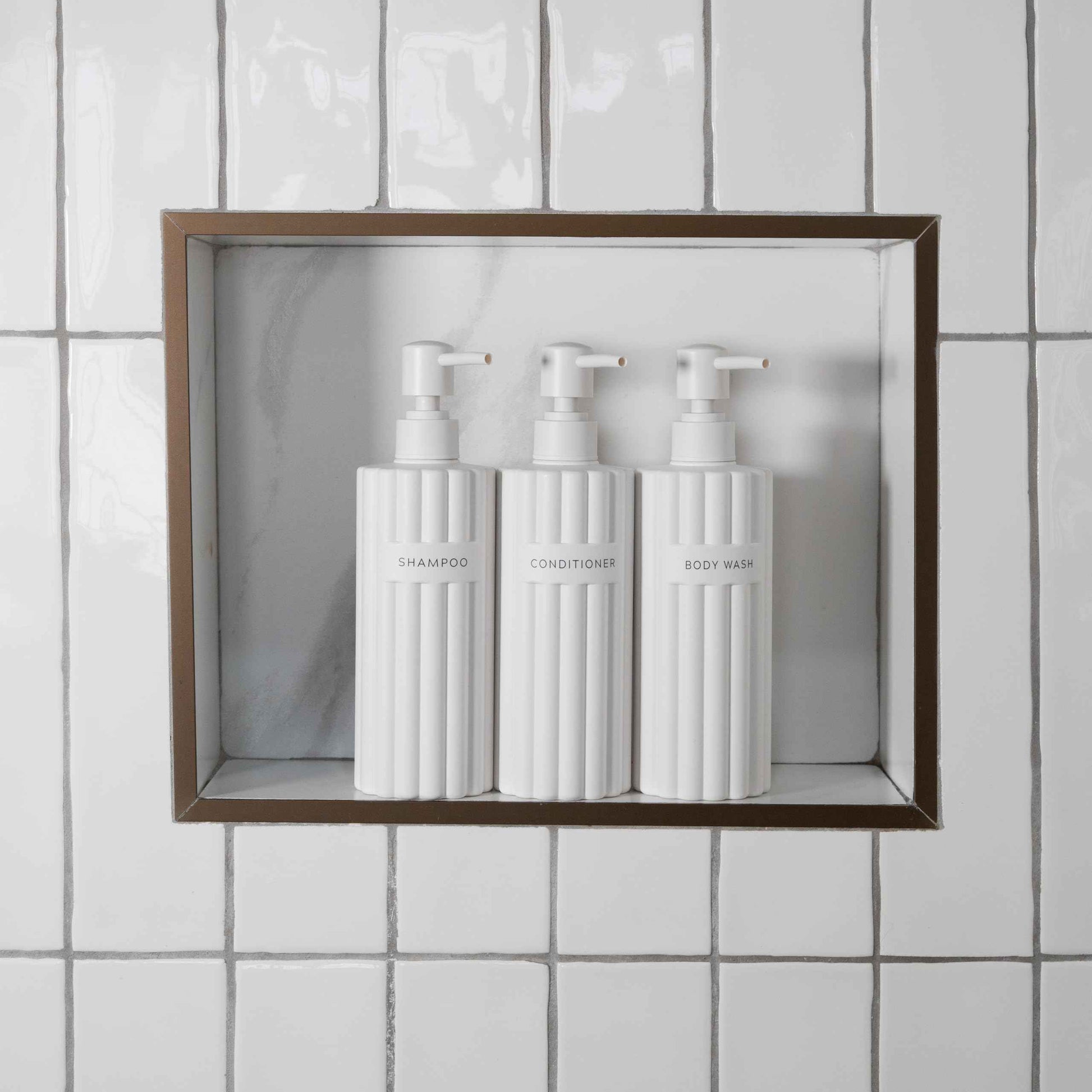 Stylish Shampoo and Conditioner Dispenser Set of 3 - Modern 19oz Shower Soap Bottles with Pump and Labels - Easy to Refill Body Wash Dispensers for an Instant Bathroom Decor Upgrade