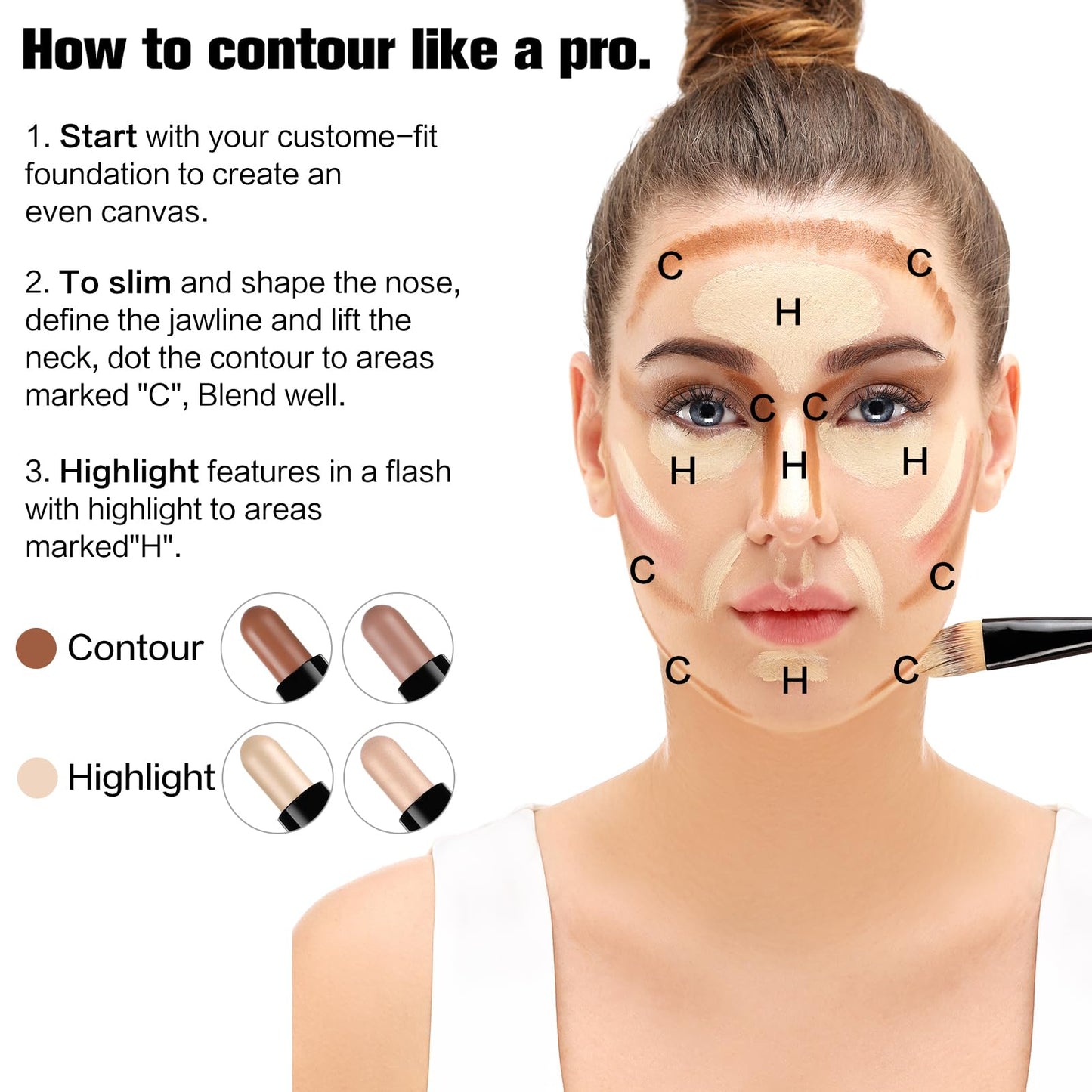 Contour Stick, 2Pcs Dual-Ended Highlighter Makeup Pen & Contouring Stick for Face Shaping, Long Lasting Waterproof Cream Bronzer & Highlight Sticks Make Up Kit for All Skin Tones (01# + 02#)