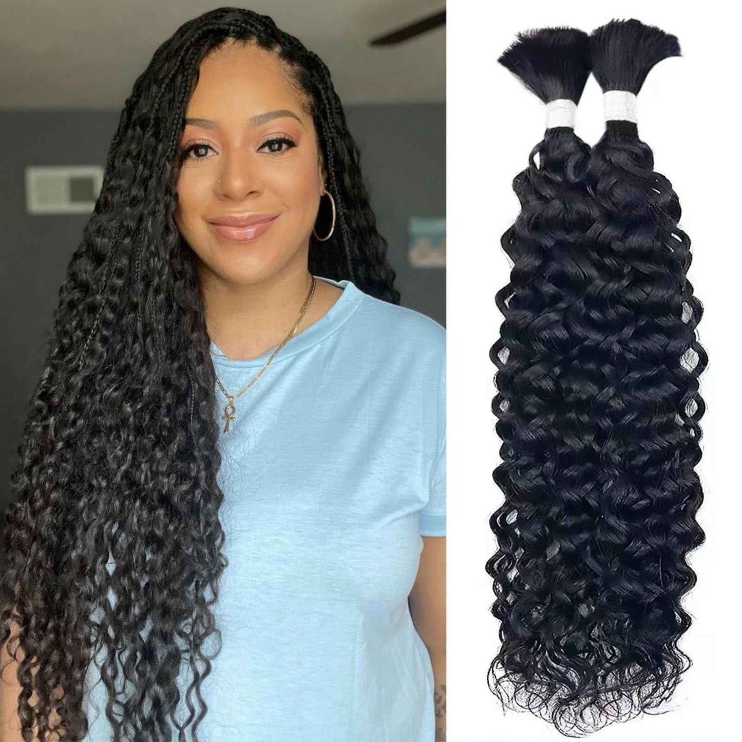 Morpure 16 Inch Human Braiding Hair for Boho Braids Curly Human Hair Braiding Hair Wet and Wavy Unprocessed Virgin Water Wave Human Hair for Braiding Natural Color 2 Bundles/Pack (Total 100G)