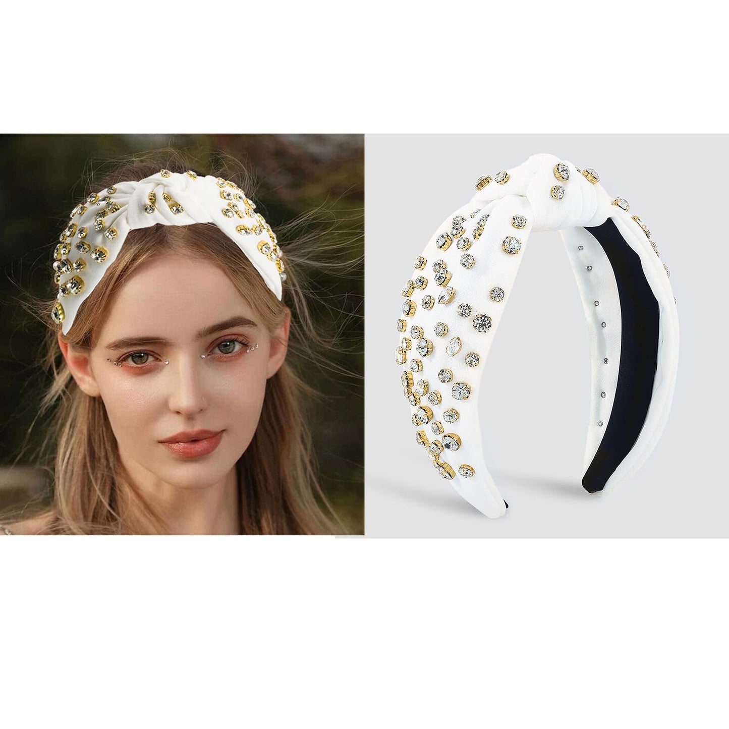 SZJULR Knotted Headband for Women Sparkle Wide Mixed Rhinestone Crystal Headbands White Hairband Top Knot Headbands Luxury Fashion Wide Ladies Hair Accessories for Girls