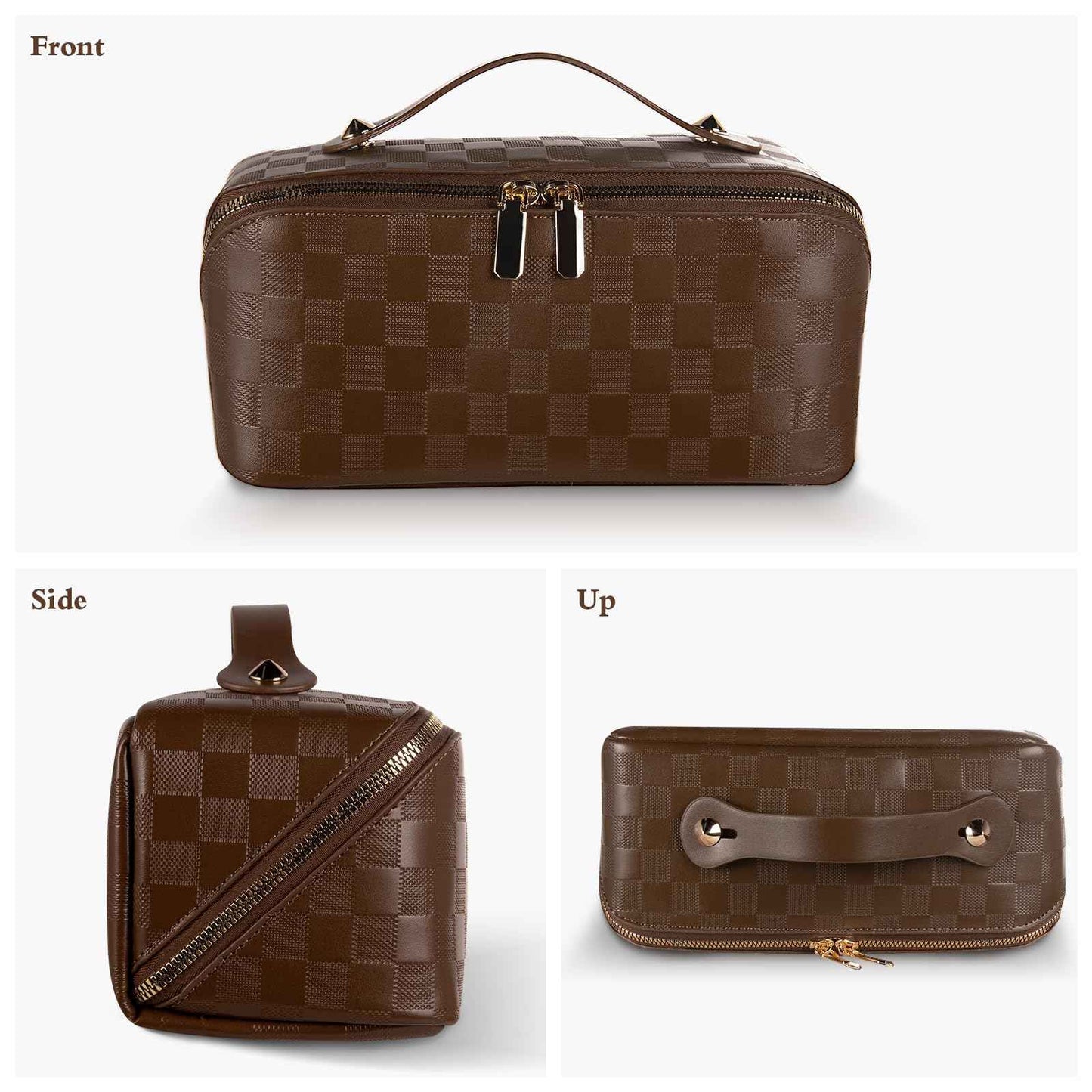 Abiudeng Travel Makeup Bag,Large Capacity Toiletry Bag Cosmetic Bags for Travel Essentials,Waterproof Portable Pouch Open Flat Makeup bag Organizer with Divider and Handle(Checkered-Brown)