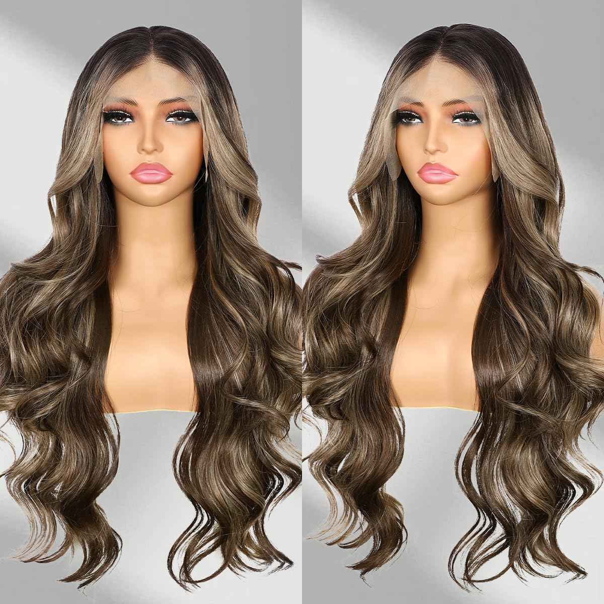 BABEHERS Brown Lace Front Wig for Women 13x4 Highlight synthetic Wig Pre-plucked Body Wave Long Wavy 150% Density Heat Resistant Hair for Daily Party Use 26 Inch