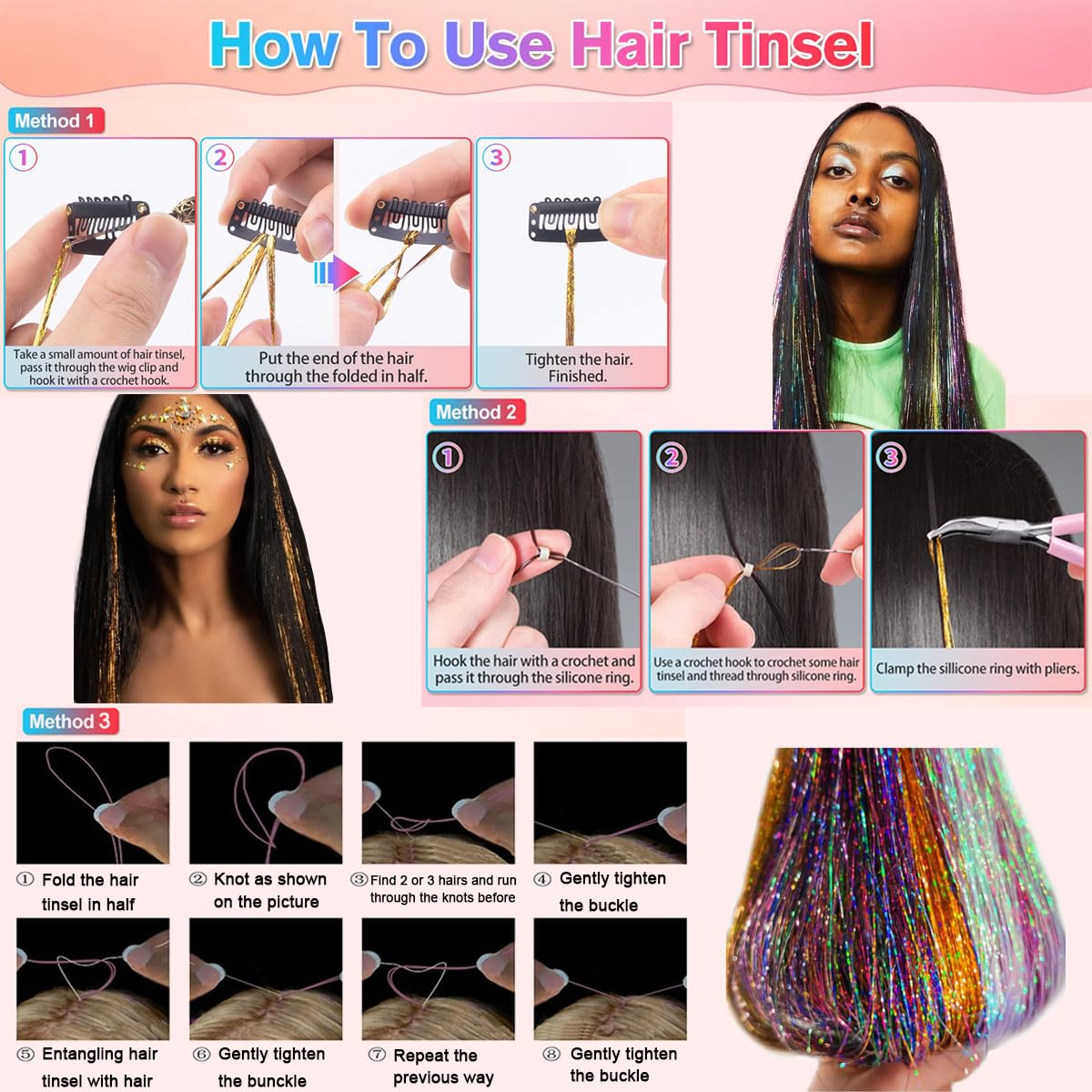 Hair Tinsel Kit for Girls 22 Colors 5500 Strands Tinsel Hair Extensions Sparkling Colorful Fairy Hair Tinsel Kit Heat Resistant Shiny Glitter Hair Tinsel (22 Colors/5500 Strands)