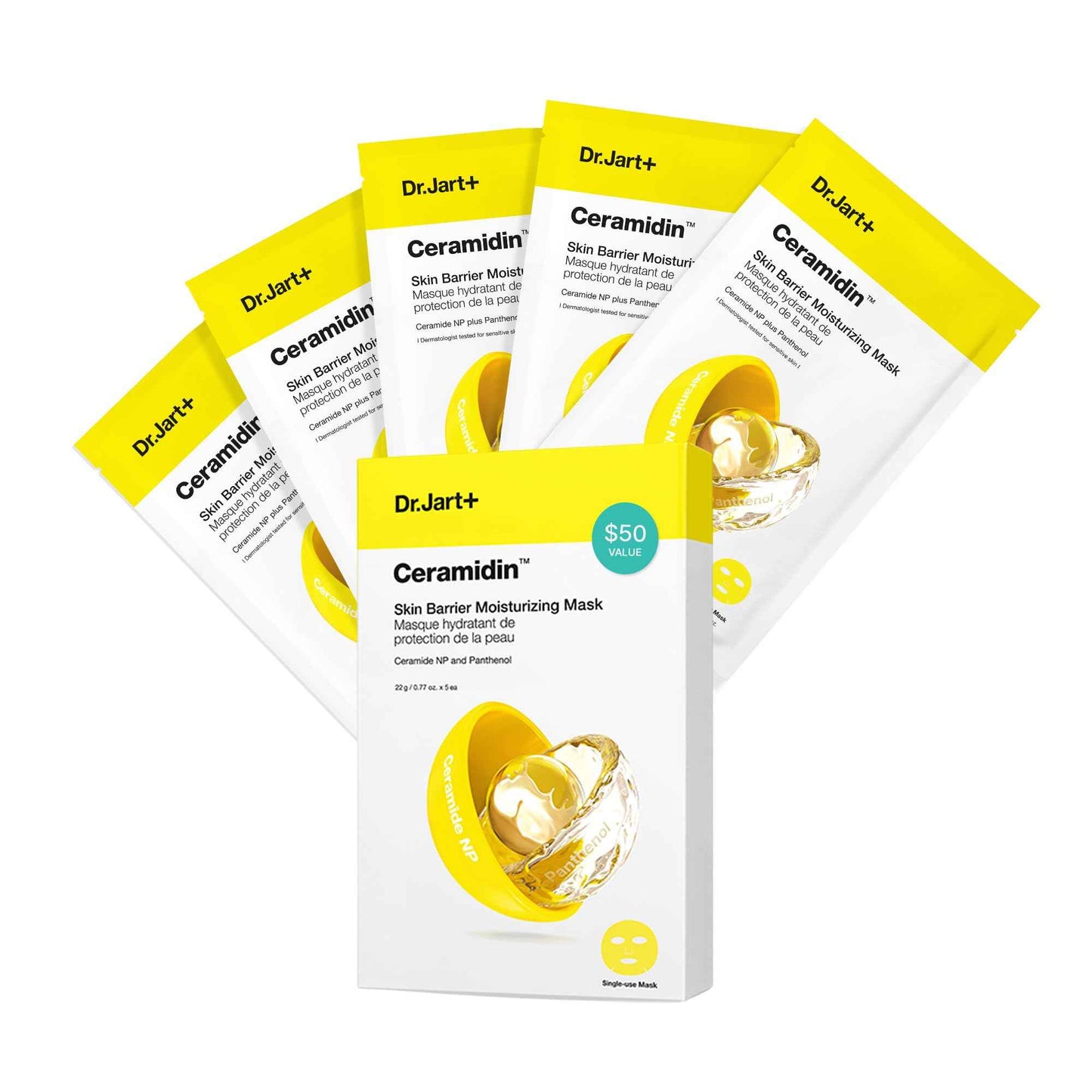 Dr.Jart+ Ceramidin Skin Barrier Moisturizing Korean Face Mask | Sheet Mask | Korean Skin Care, 5 Pack