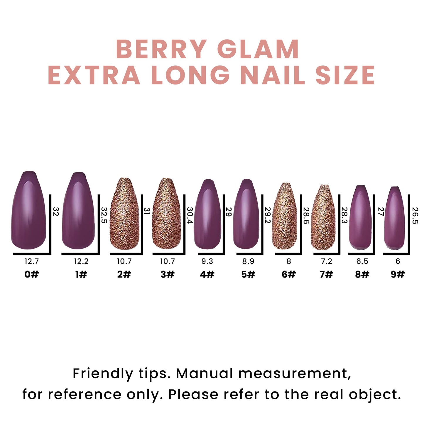 Allkem Berry Glam Press on Nails | Glossy Long coffin | 10 sizes - 20 pcs Ballerina Nail kit with Glue