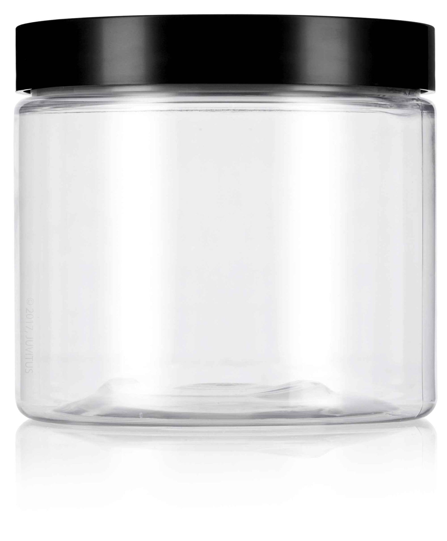 JUVITUS 16 oz Clear PET Plastic Refillable Jar with Black Smooth Lid (12 pack) + Labels