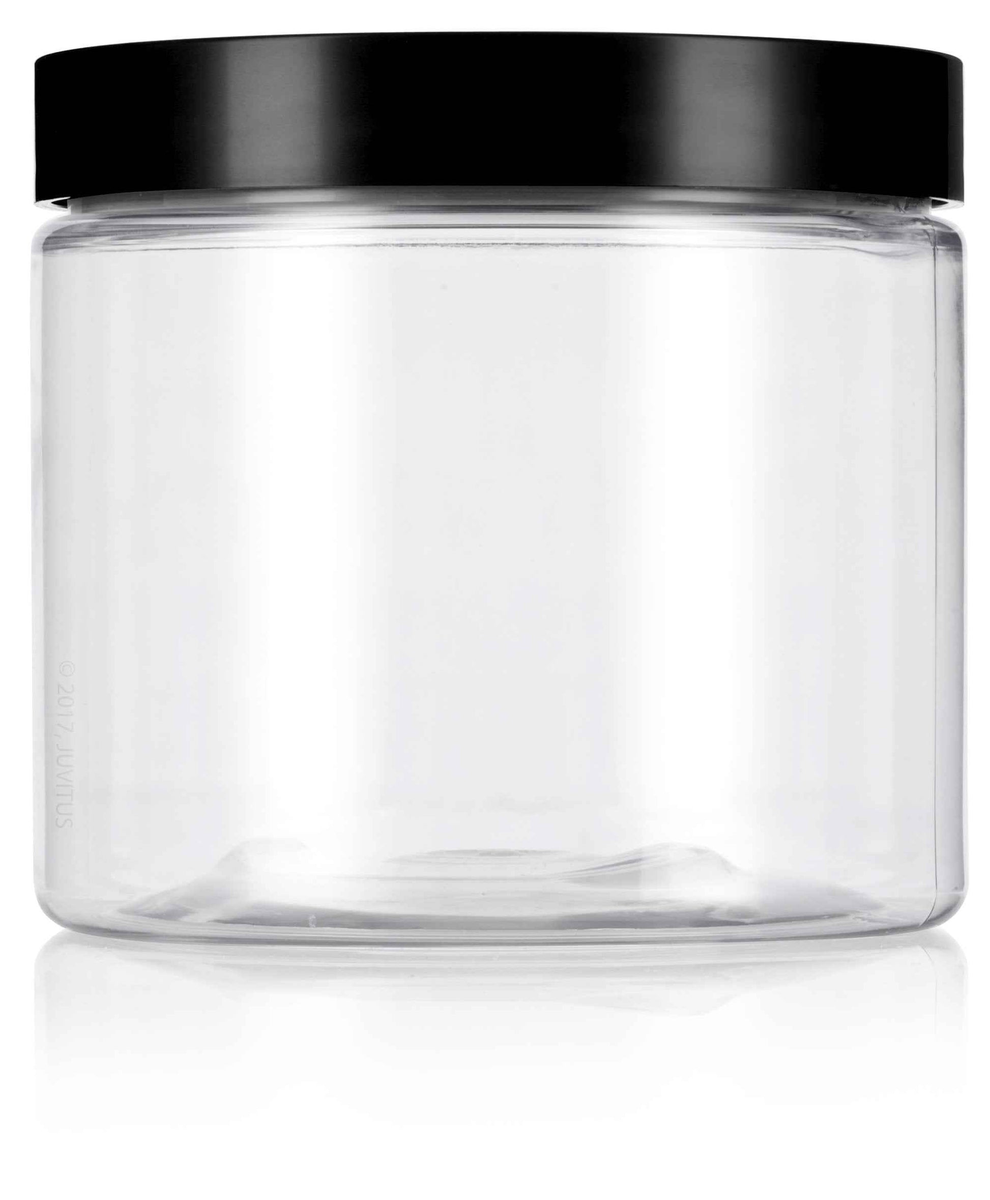 JUVITUS 16 oz Clear PET Plastic Refillable Jar with Black Smooth Lid (12 pack) + Labels
