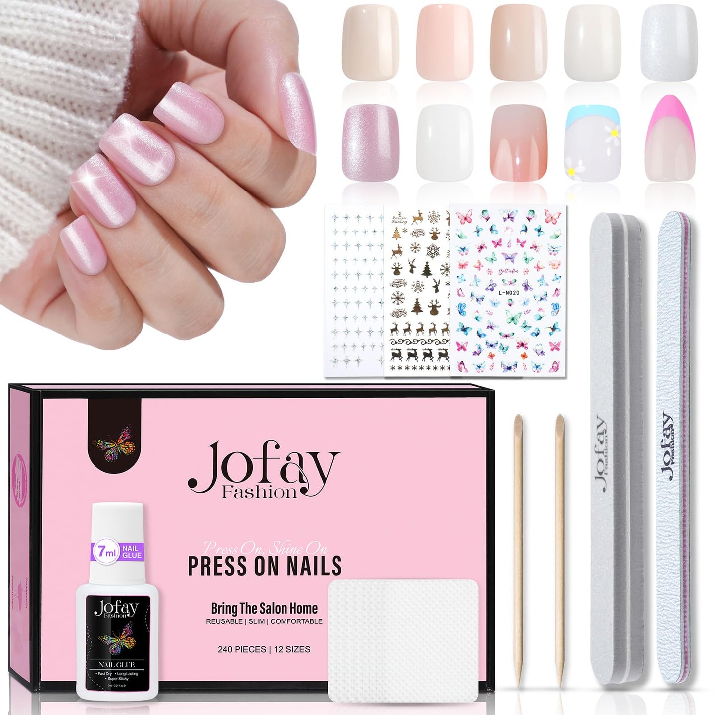 False Nails Tips, Jofay Fashion Solid Color Nails Press on 10 Pack (240 PCS) Press on Nails Short, Short Acrylic Kit Artificial False Nails Glue on Nails Set with 7ml Nail Glue Fake Nails Tips