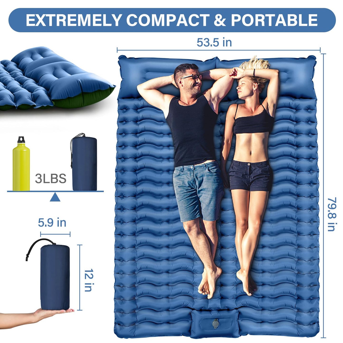 Double Sleeping Pad for Camping- Self Inflating 4" Extra-Thick with Pillow Built-in Foot Pump Inflatable Sleeping Mat for Backpacking, Hiking, Traveling, Tent