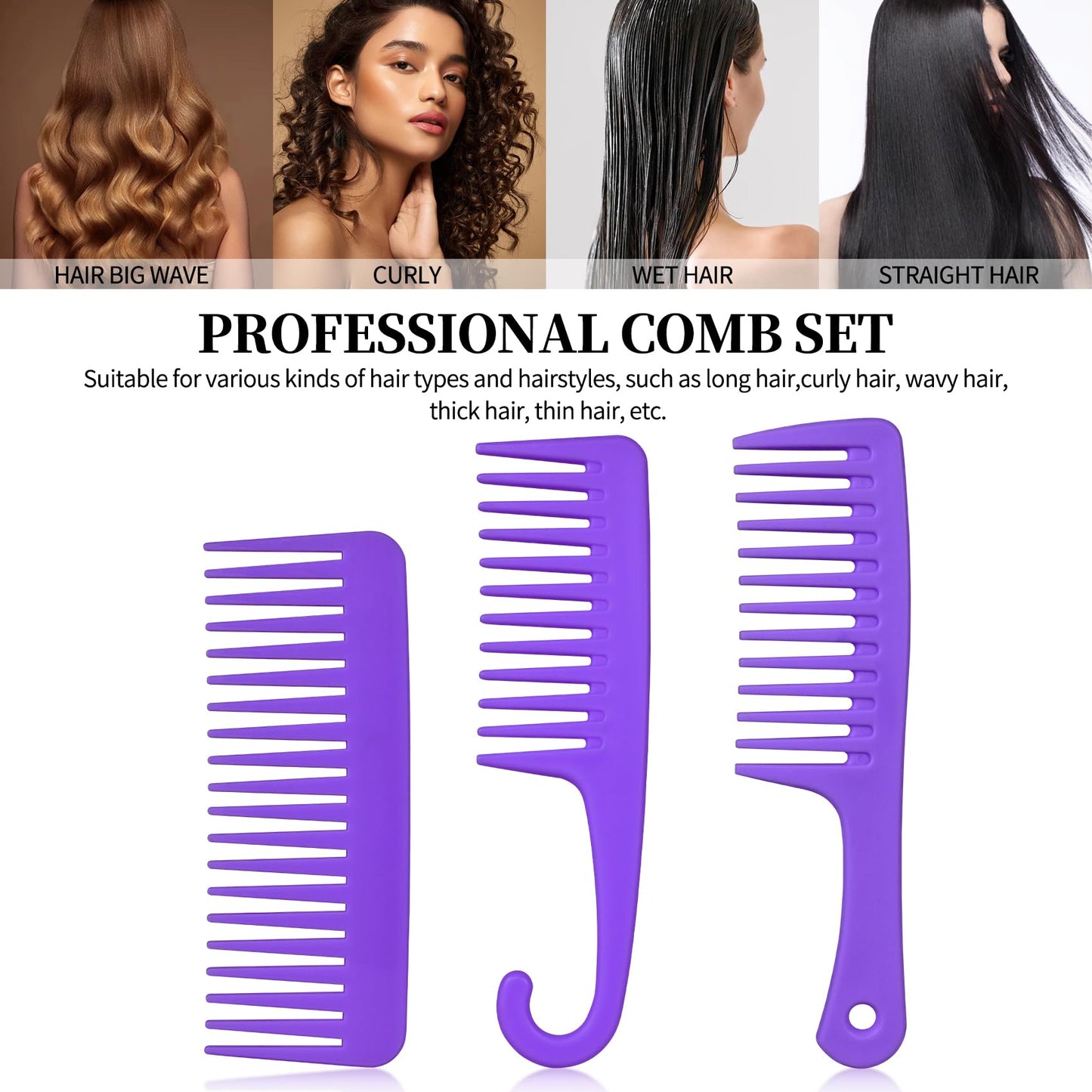 UREELIN 3PCS Wide Tooth Comb and Large Detangler Comb, Shower Comb with Hook,Hair Comb for Textured 3a to 4c Curly/Wet/Dry/Long/Thick Hair（Purple)