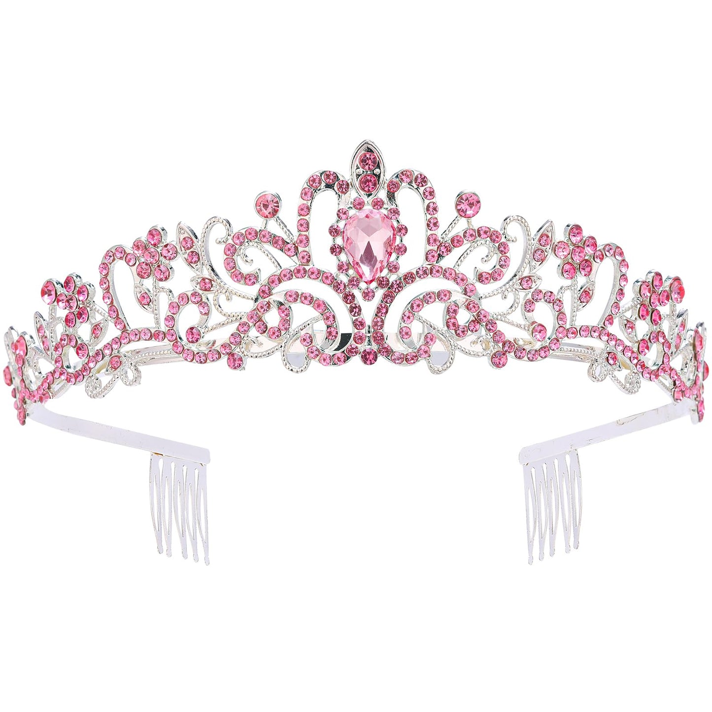 Tiara for Women Elegant Princess Crown with Combs Silver Crystal Tiara Crowns for Women Girls Tiaras for Women Bridal Wedding (Pink)