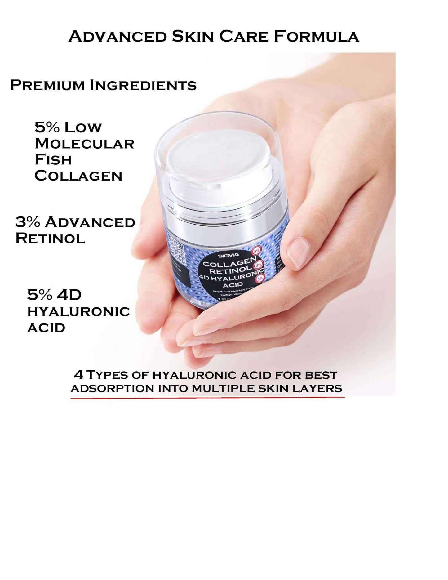 Anti-Aging Face Cream $6.46/oz - 5% Marine Collagen 3% Retinol 5% Hyaluronic Acid - Wrinkle Firming Moisturizer Face Neck - Professional Strength 3.7oz - 1 Finger Cream Dispenser