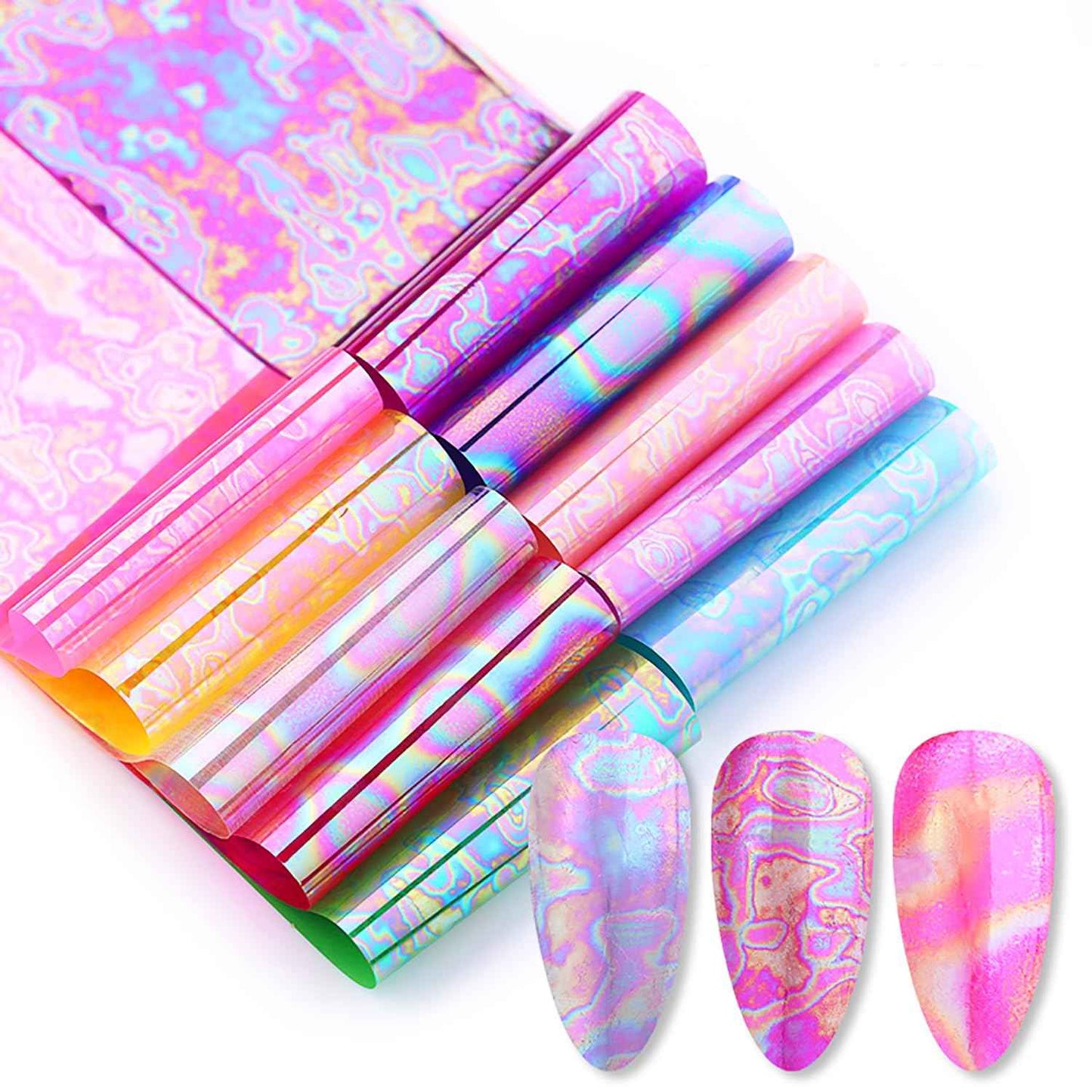 SILPECWEE 10 Rolls Aurora Nail Foil Laser Nail Transfer Foil Holographic Nail Art Foil Decals Iridescent Foil for Nails Fingernail Stickers Manicure Design for Women DIY Decoration