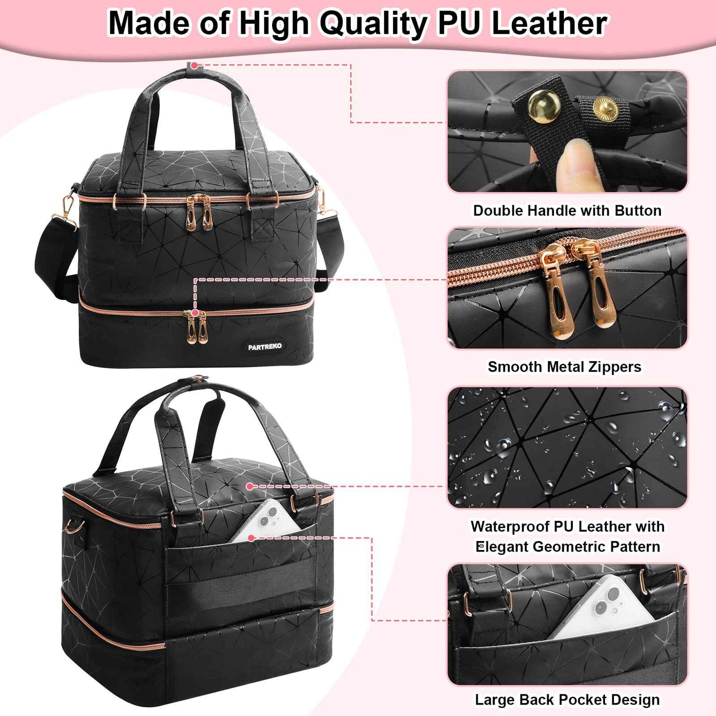 Partreko Large Nail Polish Organizer Fits 54 Bottles (15ml-0.5 fl.oz)& Nail Lamp, Double Layer Nail Supplies Organizer Bag with Holder Strip, PU Leather Nail Kit Storage Travel Case for Women (Black)