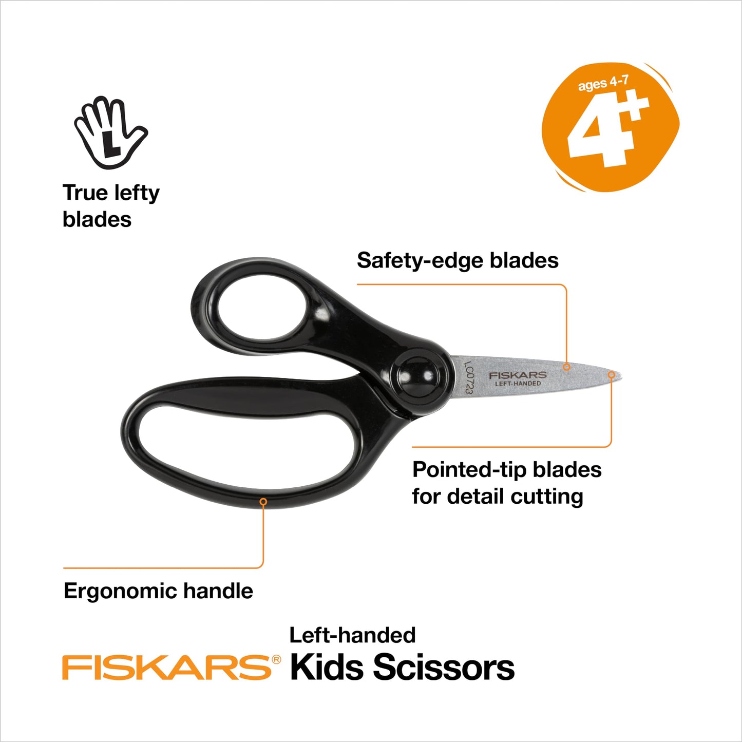 Fiskars 5" Left-Handed Pointed-Tip Scissors for Kids Ages 4-7, Scissors for School or Crafting, Back to School Supplies, Black