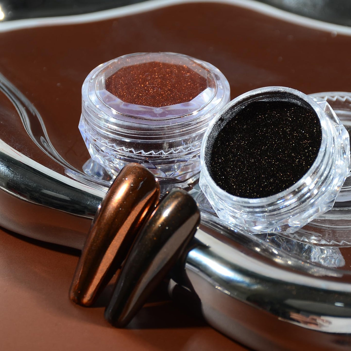 Brown Metallic Chrome Powder,2 Jars Maillard Style Coffee Brown Mirror Glitter Effect Chrome Pigment Powder Dust Manicure Tips with Sponge Applicators