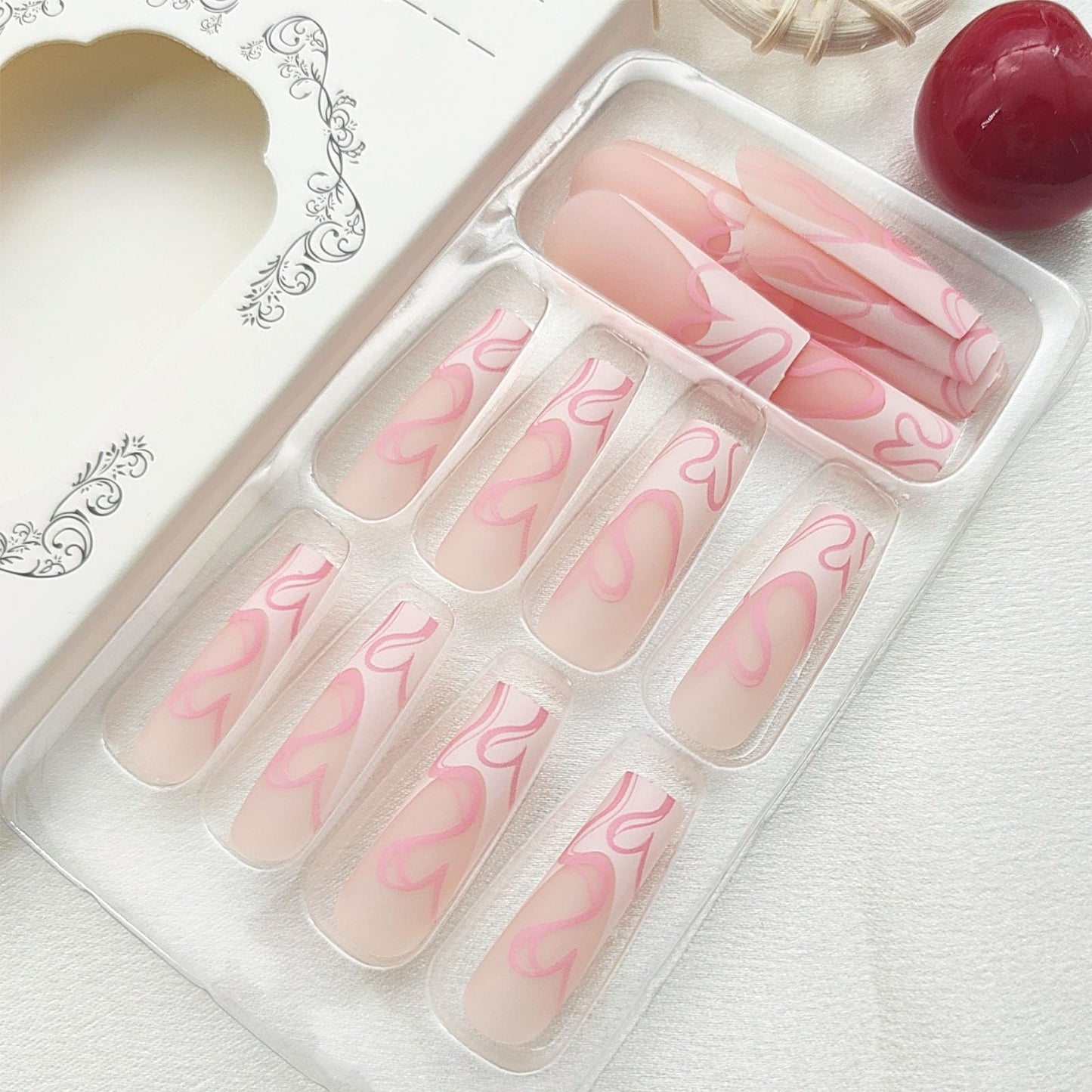 White French Tip Press on Nails Long Square Fake Nails Pink Swirls Glue on Nails Translucent Acrylic Nails Spring & Cute Nails Matte & Simple Artificial Nails for Women 24Pcs