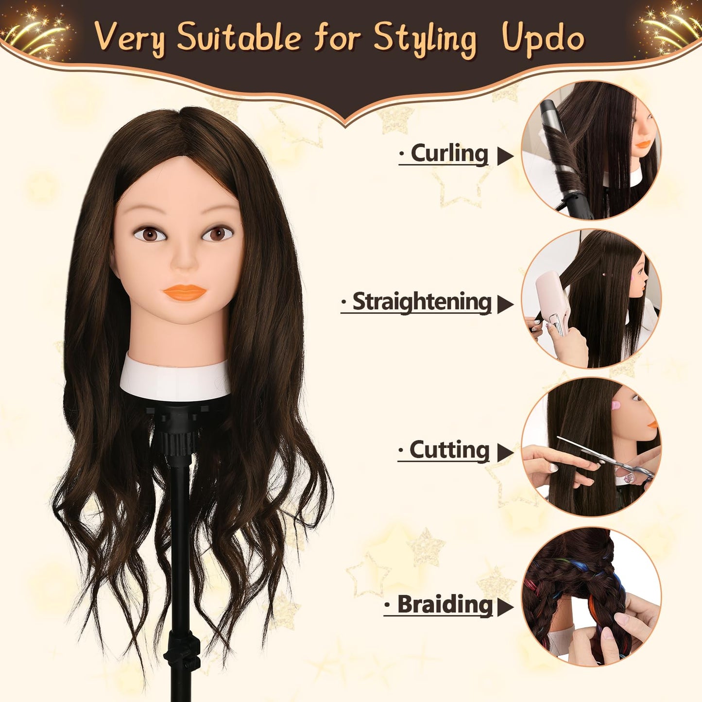 Mannequin Head with 70% Human Hair, Yofuly 26" Dark Brown Real Human Hair Training Head, Cosmetology Doll Head with Clamp Holder & Tools, Practice Doll Head for Hair Styling, Braiding, Curling,Cutting