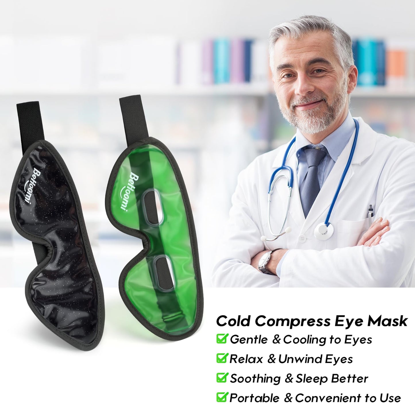 BeHoomi Cooling Eye Mask, Gel Eye Mask Cold Compress for Eyes, Reusable Eye Ice Pack, Cool Relaxation, Comfort Snug Fit, No Freeze, Eye Cover Ice Mask for Home, Office, 2PCS, Black & Green