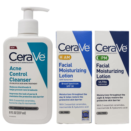 CeraVe Daily Skincare Acne Control Bundle - CeraVe Acne Control Cleanser (8 oz), AM CeraVe Facial Moisturizing Lotion with Sunscreen (2 oz), and PM Facial Moisturizing Lotion (2 oz)